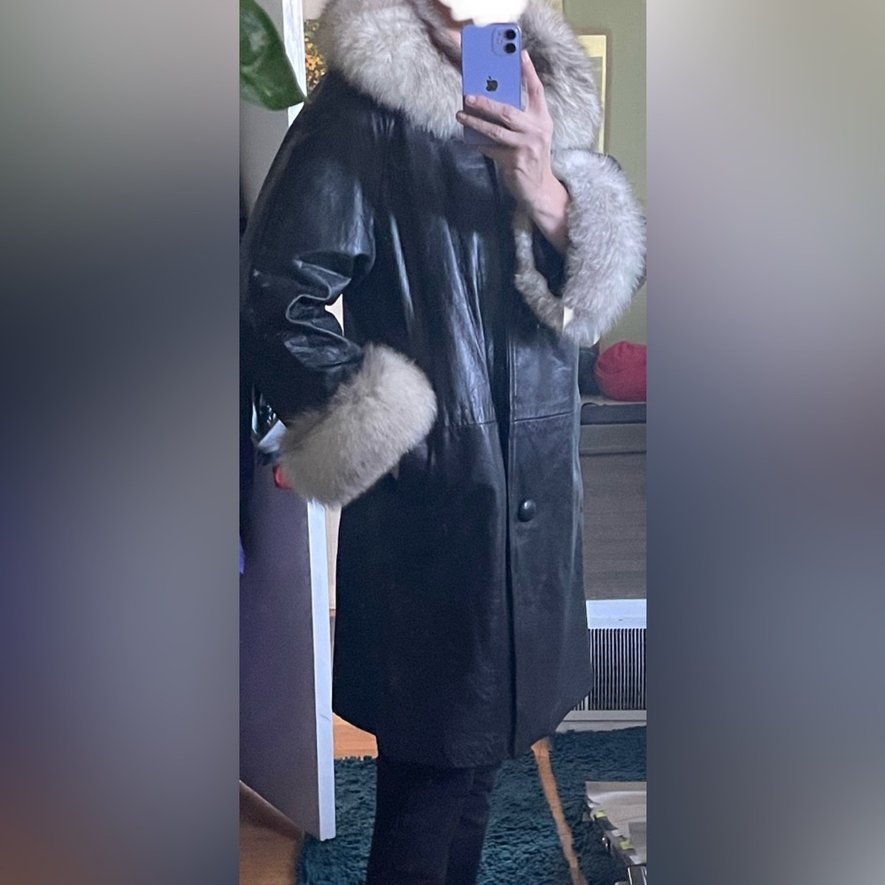 Retro Vintage 1960s LEATHER & FOX FUR Soft Leather Swing Coat Jacket Size 12
